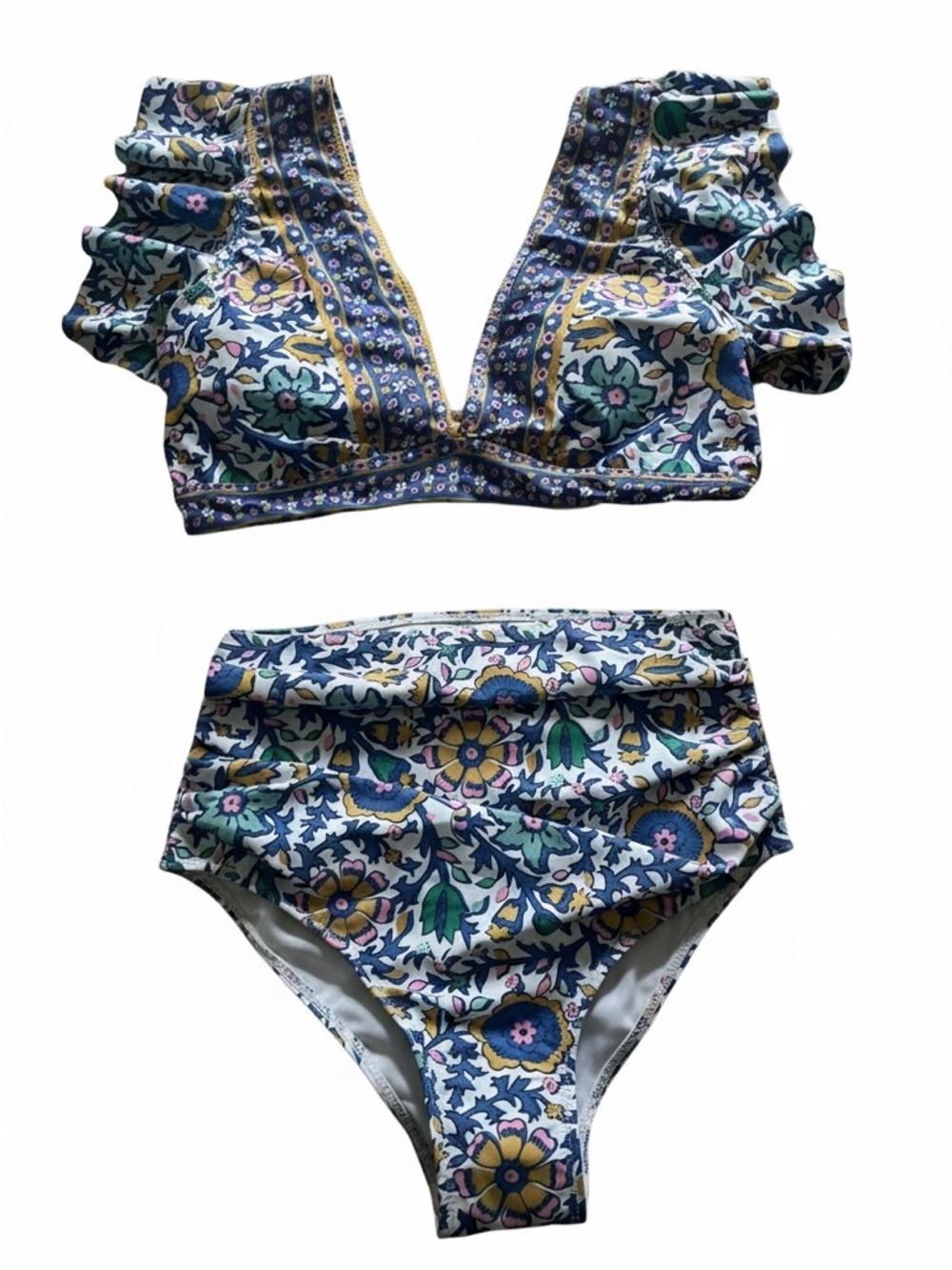 High-Waisted Floral Ruffle Bikini Set - Blue Multi - Picture 3 of 9